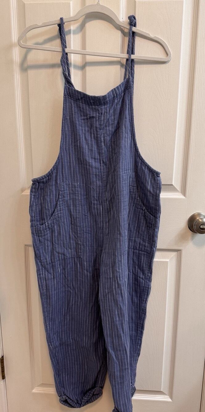 Aerie M Overalls Blue White Striped Cotton Linen Blend Pockets Ties At Shoulders